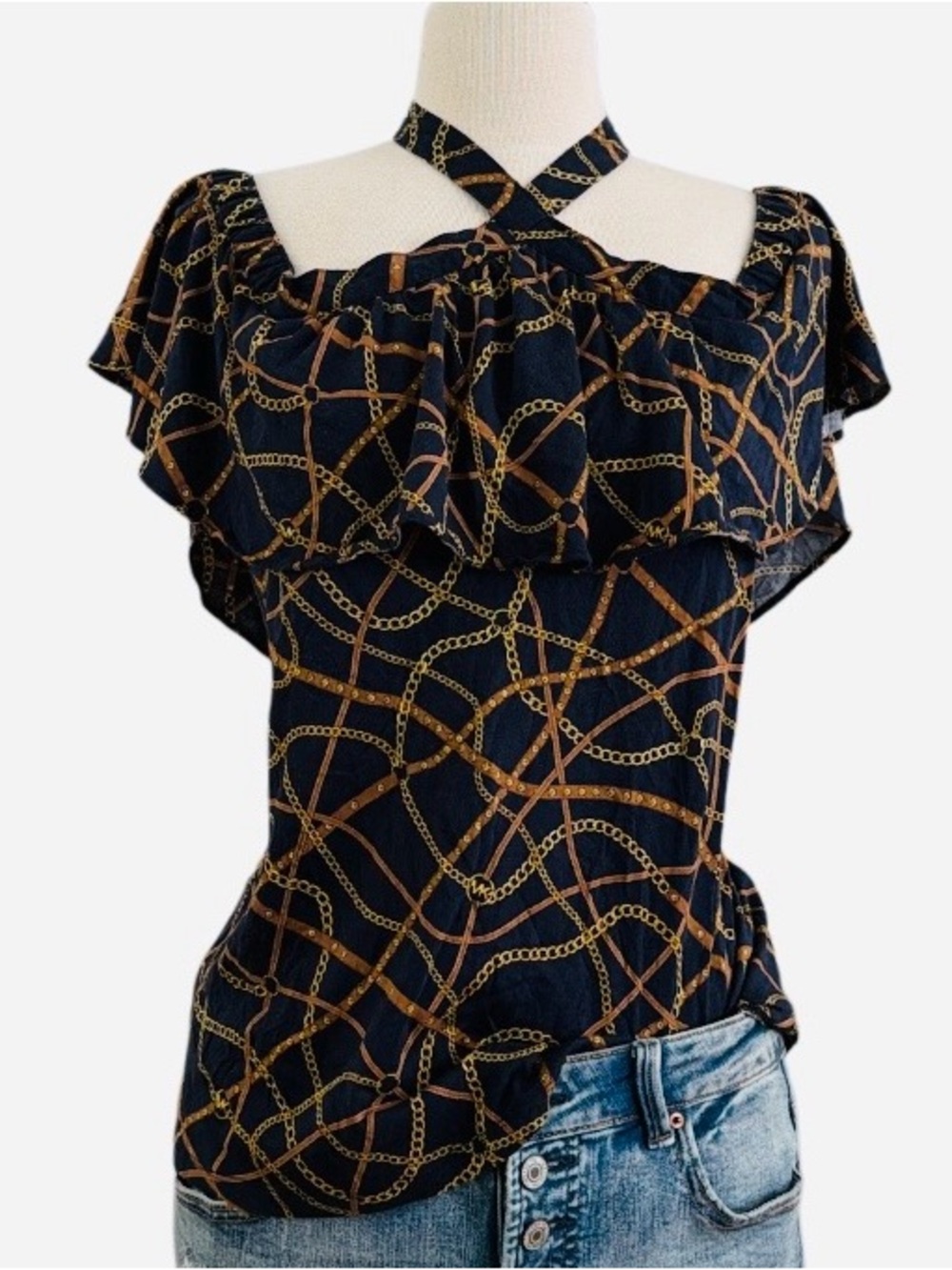Women’s Navy Chain-Print Ruffle Off-Shoulder Camisole